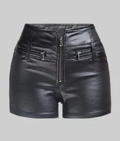Laura Women's Black Slim Fit Zipper Leather Shorts