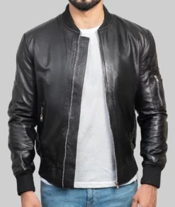 Litt Men's Black MA-1 Sheepskin Leather Flight Bomber Jacket-Front