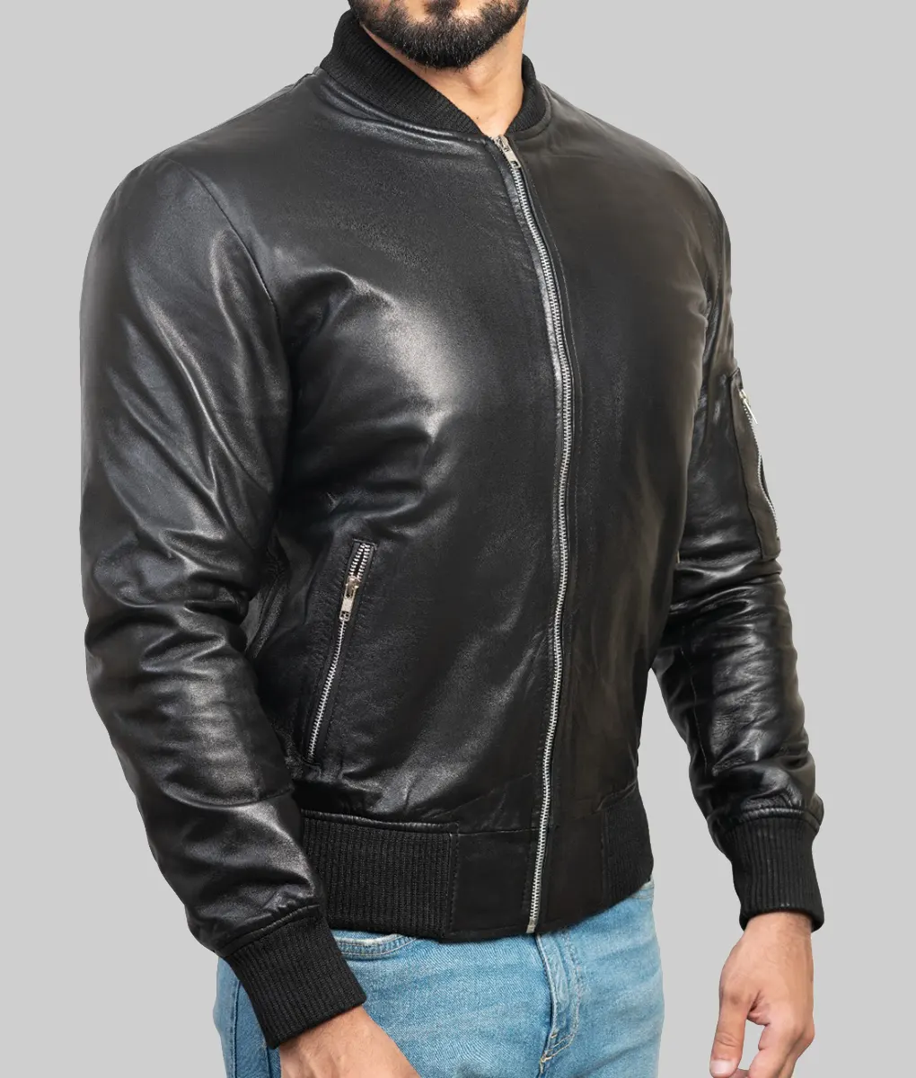 Litt Men's Black MA-1 Sheepskin Leather Flight Bomber Jacket-Side