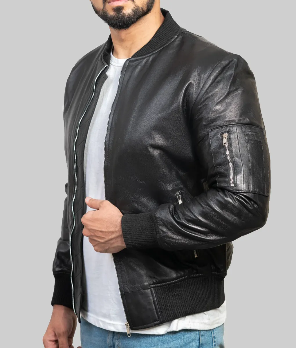 Litt Men's Black MA-1 Sheepskin Leather Flight Bomber Jacket-Side