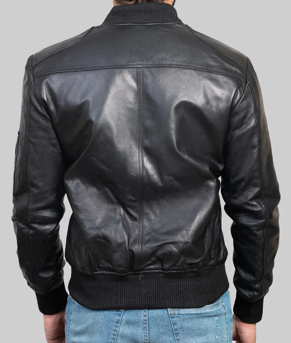 Litt Men's Black MA-1 Sheepskin Leather Flight Bomber Jacket - Image 4