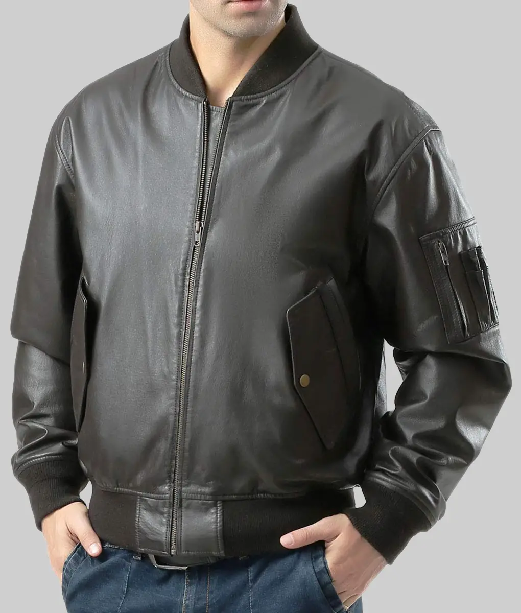 Major Men's Black MA-1 Sheepskin Leather Flight Bomber