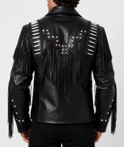 Mike Men's Black Western Style Fringed Leather Jacket-Back