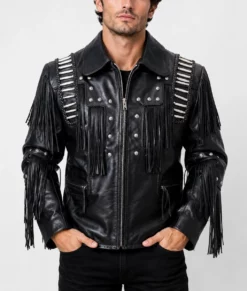 Mike Men's Black Western Style Fringed Leather Jacket-Front