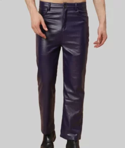 Mike Men's Regular Style Purple Leather Pants with Mid Rise Waist