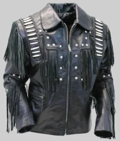 Mike Men's Western Style Black Fringed Leather Jacket NYC Jackets