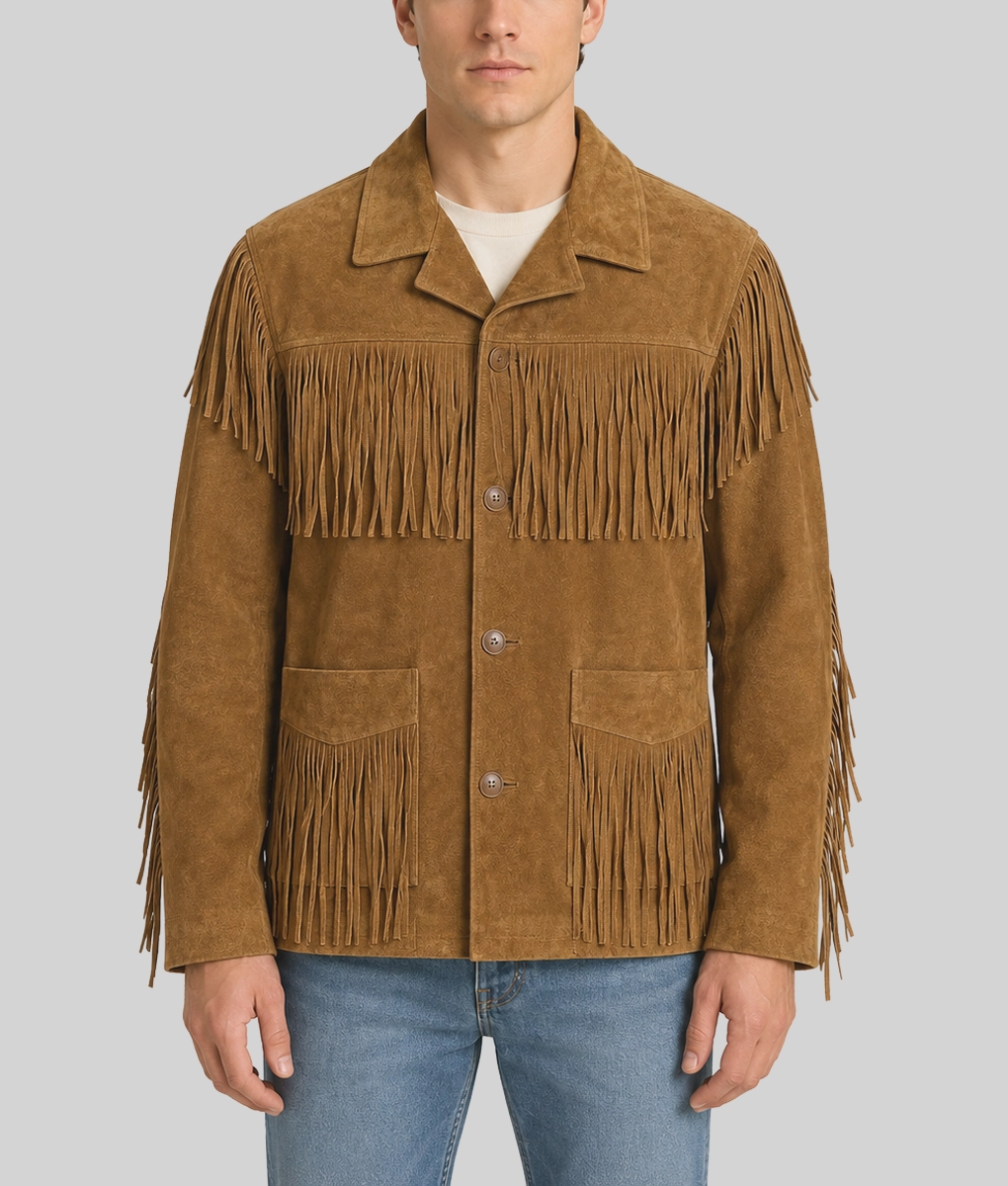 Noah Men's Brown Western Fringe Leather Jacket-Front