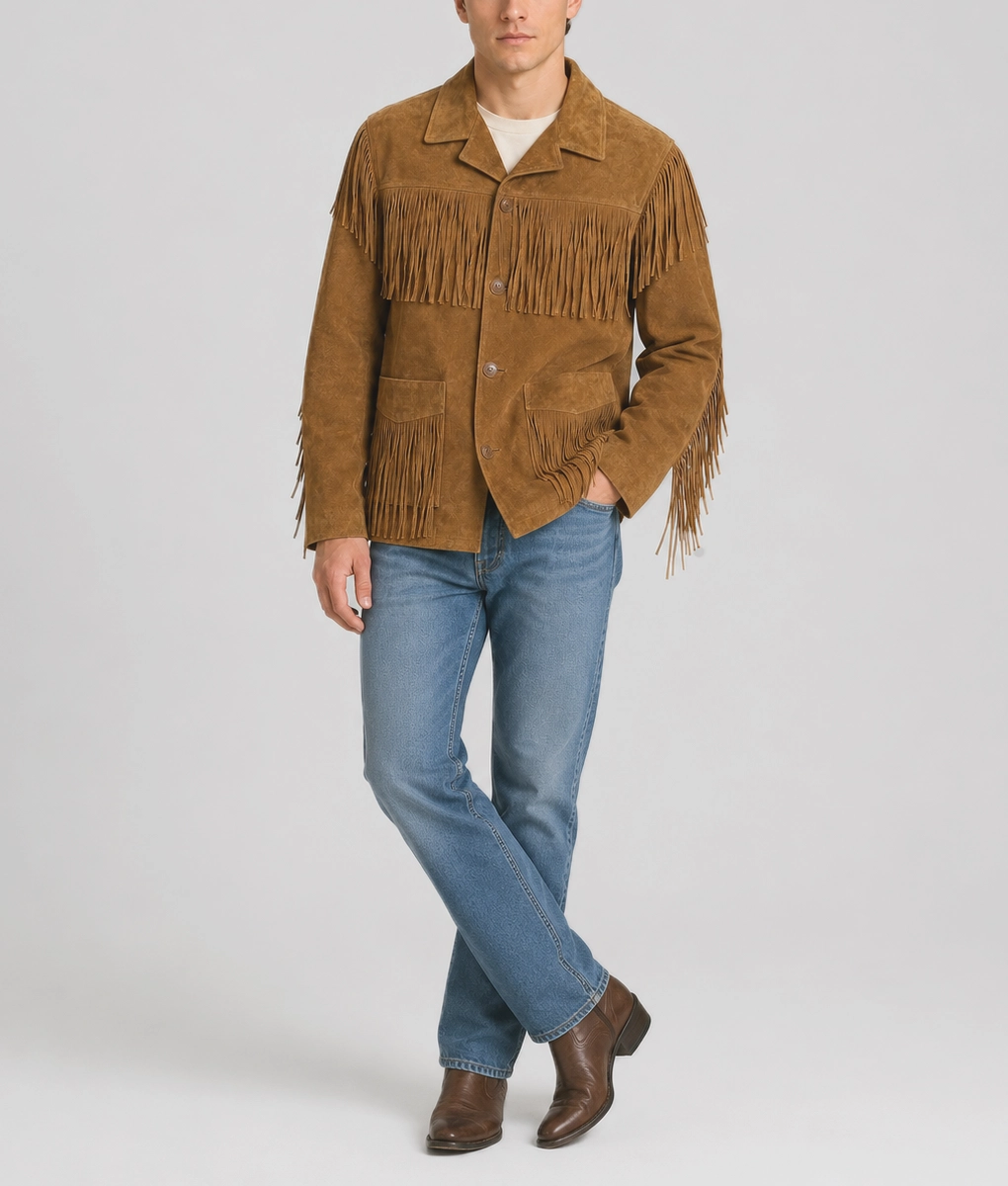 Noah Men's Brown Western Fringe Leather Jacket-Front