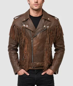Paul Men's Brown Double Rider Fringe Leather Jacket-Front