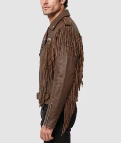 Paul Men's Brown Double Rider Fringe Leather Jacket-Side