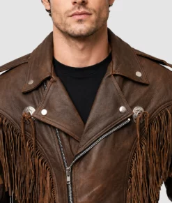 Paul Men's Brown Double Rider Fringe Leather Jacket-Zoom