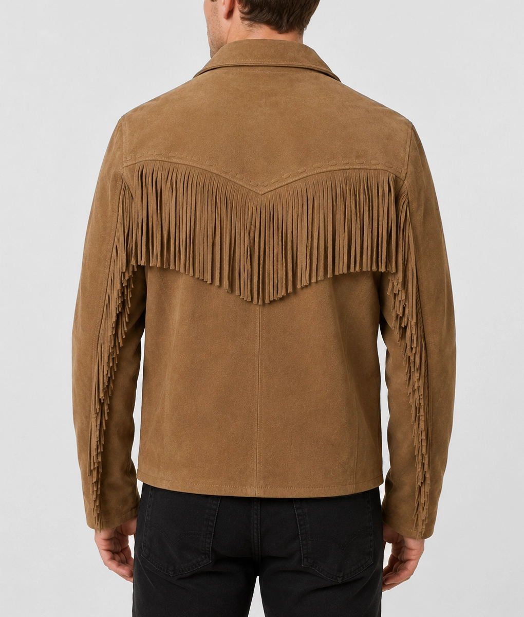 Paul Men's Brown Western Style Fringed Leather Jacket-Back