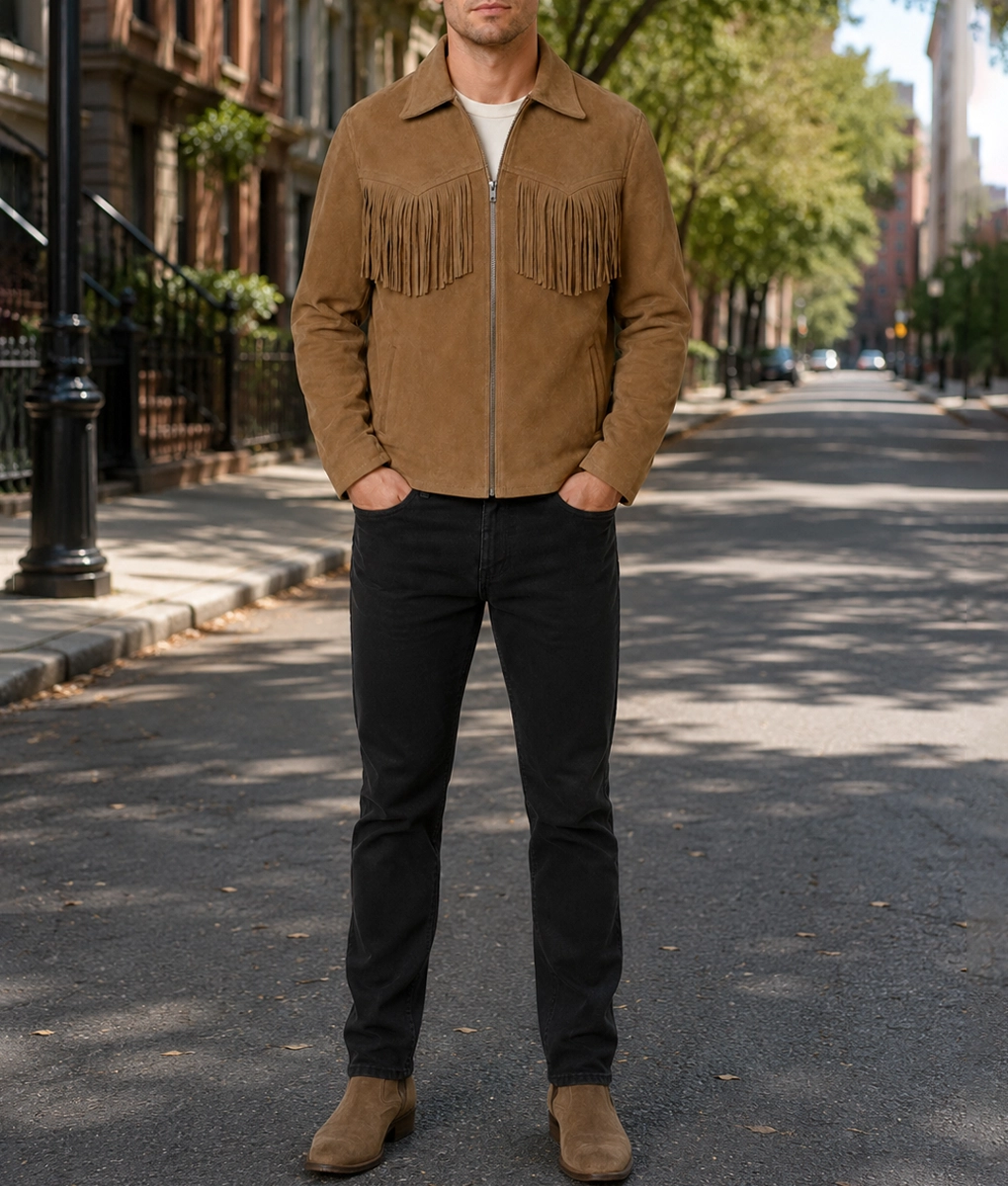 Paul Men's Brown Western Style Fringed Leather Jacket-Front Full