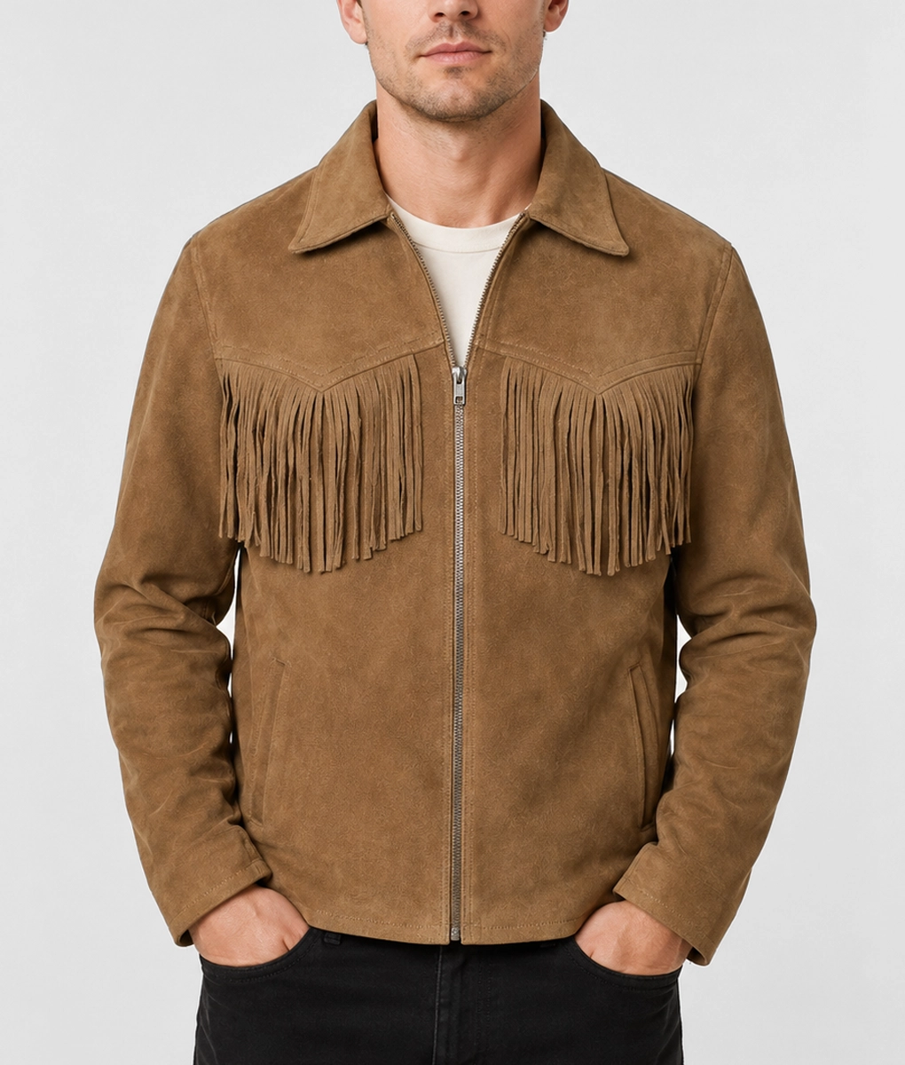 Paul Men's Brown Western Style Fringed Leather Jacket-Front
