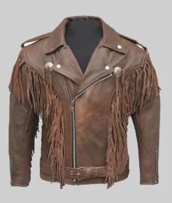 Paul Men's Double Rider Brown Fringe Leather Jacket NYC Jackets