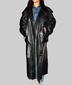 Rihanna Oversized Black Leather Trench Coat-Front View