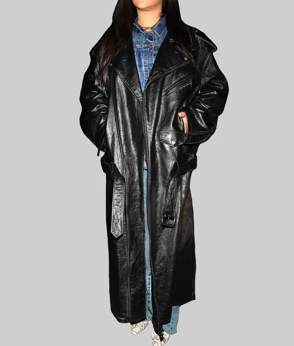 Rihanna Oversized Black Leather Trench Coat-Front View