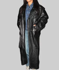 Rihanna Oversized Black Leather Trench Coat-Side View