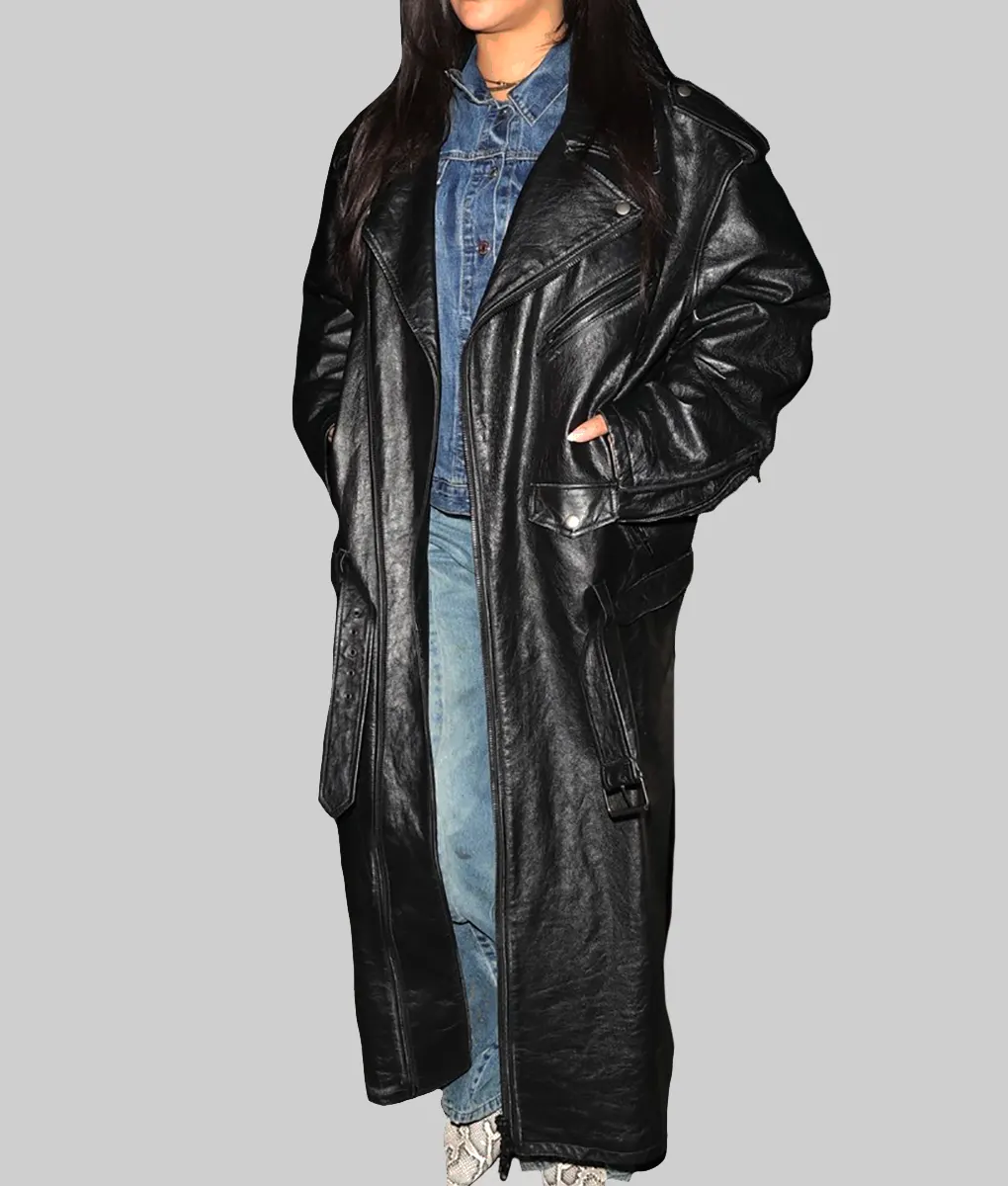 Rihanna Oversized Black Leather Trench Coat-Side View