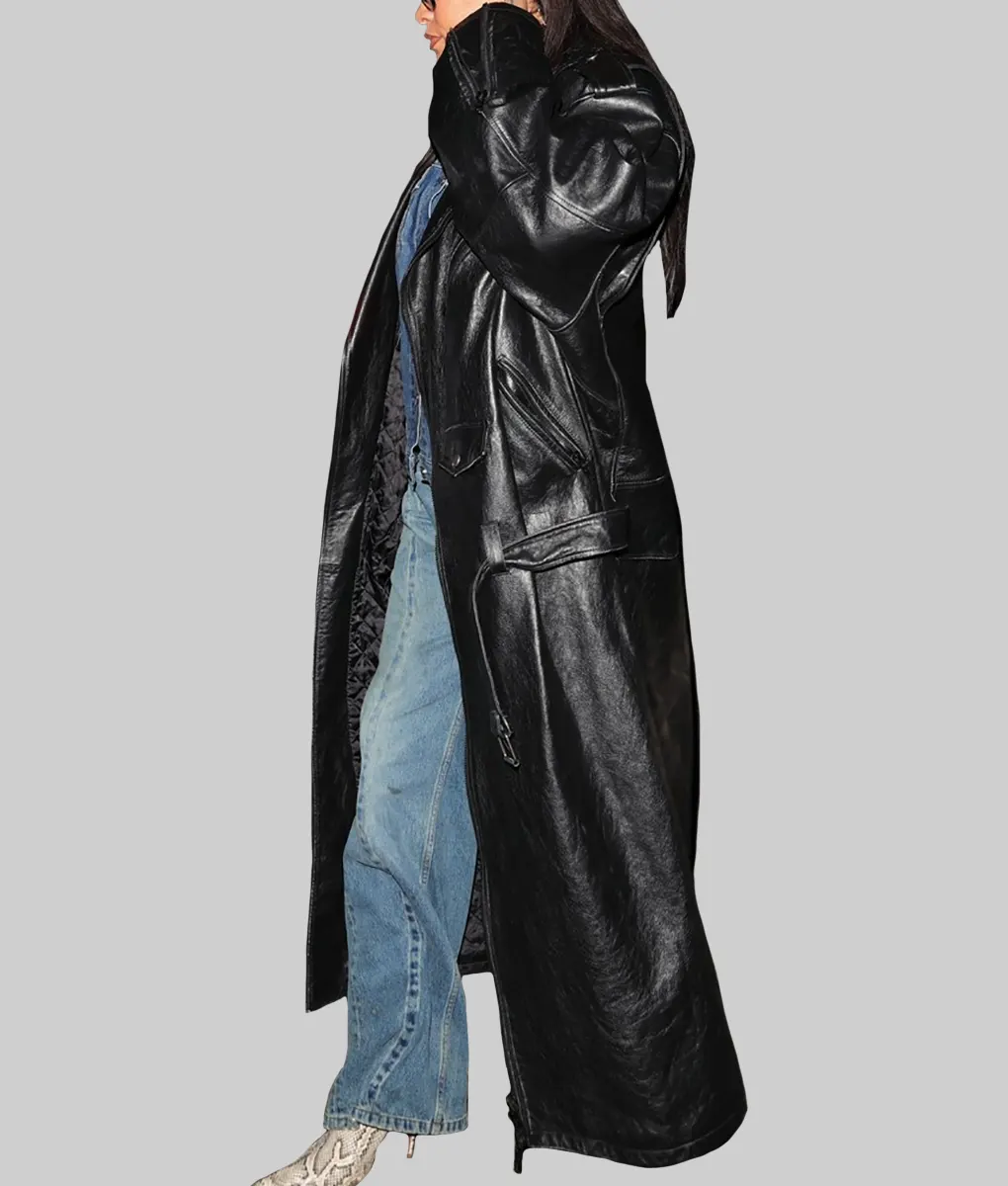 Rihanna Oversized Black Leather Trench Coat-Side View