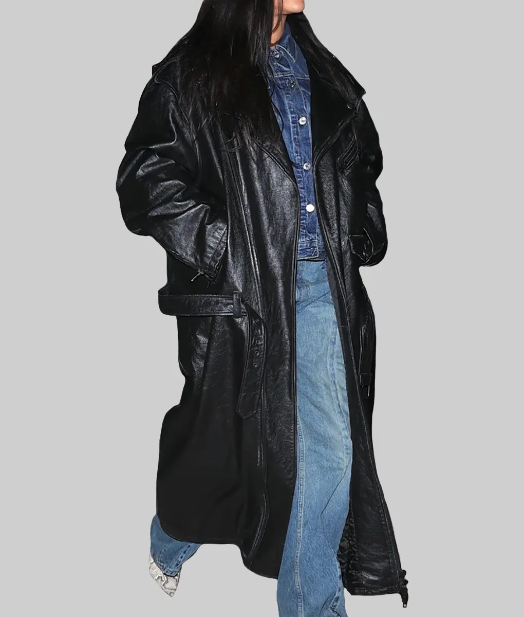 Rihanna Oversized Black Leather Trench Coat-Side View