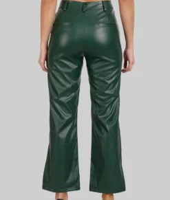 Jean Women's Regular Style Green Leather Pants with High Rise Waist