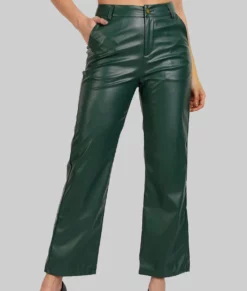 Jean Women's Regular Style Green Leather Pants with High Rise Waist