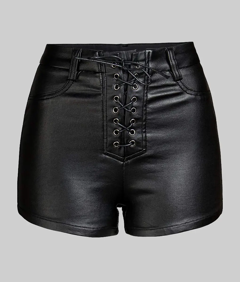 Jean Women's Black High Waist Front Lace-Up Shorts