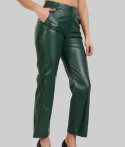 Jean Women's Regular Style Green Leather Pants with High Rise Waist