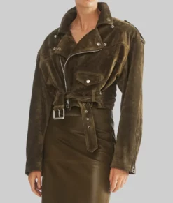 Barbara Palvin Suede Biker Jacket-Side View