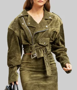 Barbara Palvin Suede Biker Jacket-Front View