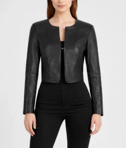 Emma Women&rsquo;s Black Cropped Leather Jacket-Front