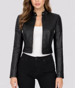 Jane Women&rsquo;s Black Leather Cropped Jacket-Front