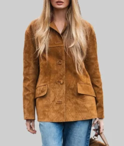 Romee Strijd Quilted Brown Suede Jacket-Front View