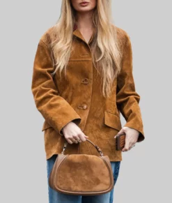 Romee Strijd Quilted Brown Suede Jacket-Front View