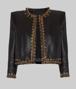 Selena Gomez Chain Trim Black Leather Jacket-Generic