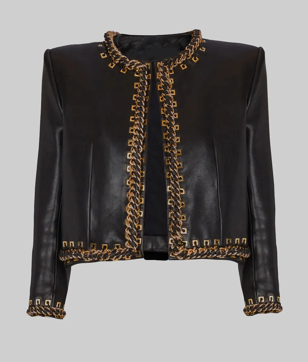 Selena Gomez Chain Trim Black Leather Jacket-Generic