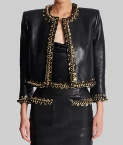 Selena Gomez Chain Trim Black Leather Jacket-Front View