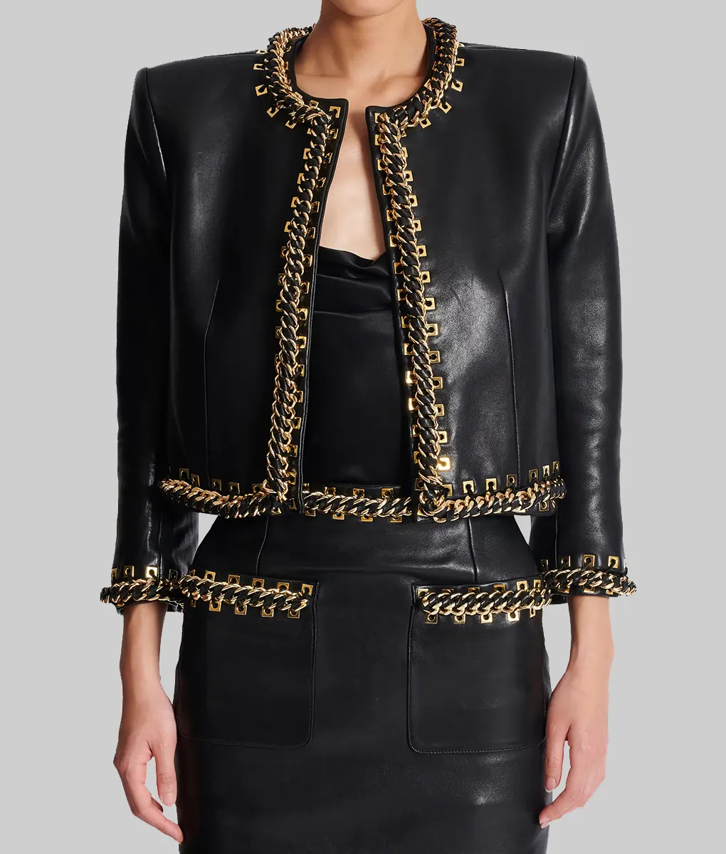 Selena Gomez Chain Trim Black Leather Jacket-Front View
