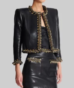 Selena Gomez Chain Trim Black Leather Jacket-Side View