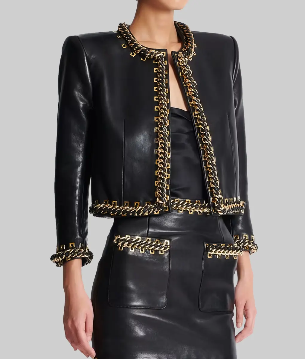Selena Gomez Chain Trim Black Leather Jacket-Side View