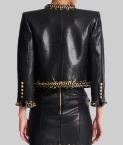 Selena Gomez Chain Trim Black Leather Jacket-Back View