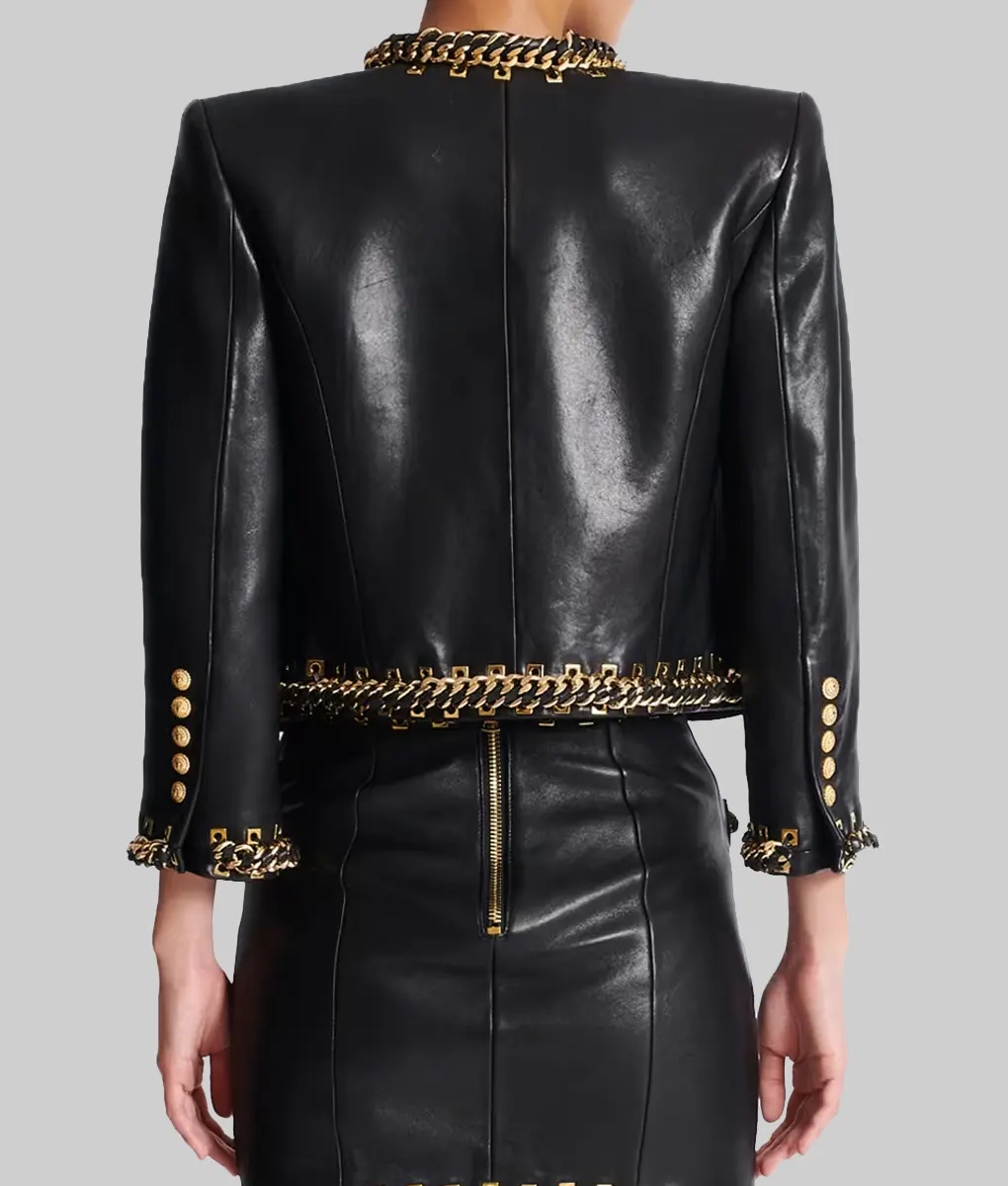 Selena Gomez Chain Trim Black Leather Jacket-Back View