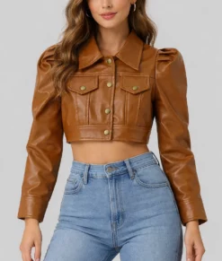 Stacy Women&rsquo;s Brown Leather Cropped Jacket-Front