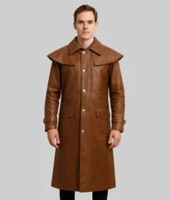 David Men's Brown Duster Coat - Front