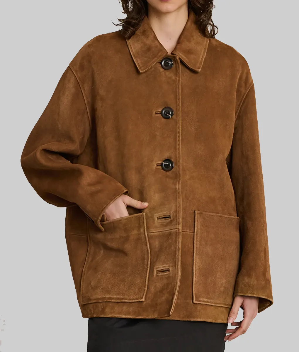 Emma Stone Brown Suede Jacket-Front