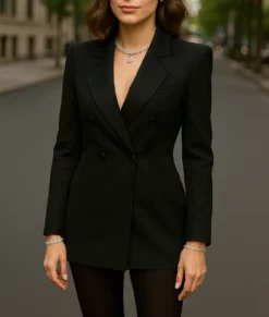 Hailey Bieber Double Breasted Black Tuxedo-Front