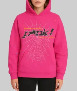 Pink Spider Web Printed Hoodie-Front