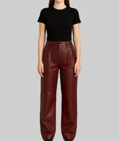 Belinda Women’s Baggy Style Maroon Leather Pant-Front