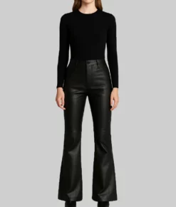 Cathy Women’s Bell Bottom Style Black Leather Pant-Front